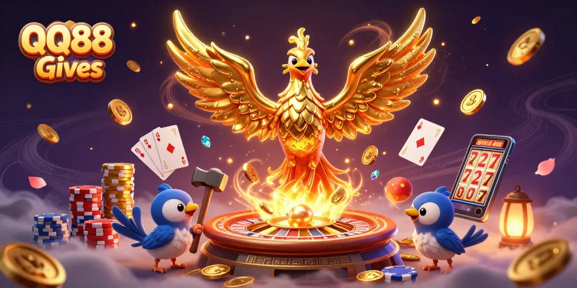 Win big at QQ88 Gives with a captivating golden phoenix and sparkling casino elements.