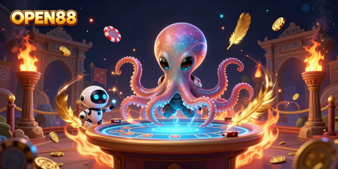 Experience OPEN88's exciting array of games with a vibrant 3D illustration of an alien octopus at a poker table