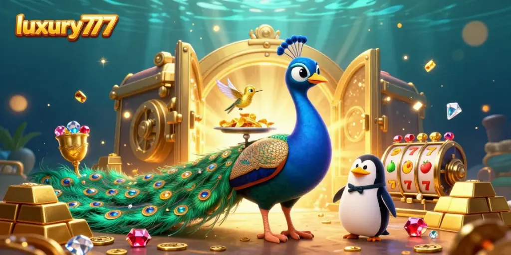 Play thrilling games at luxury777, featuring golden chips and vibrant slot reels amidst sparkling treasures.
