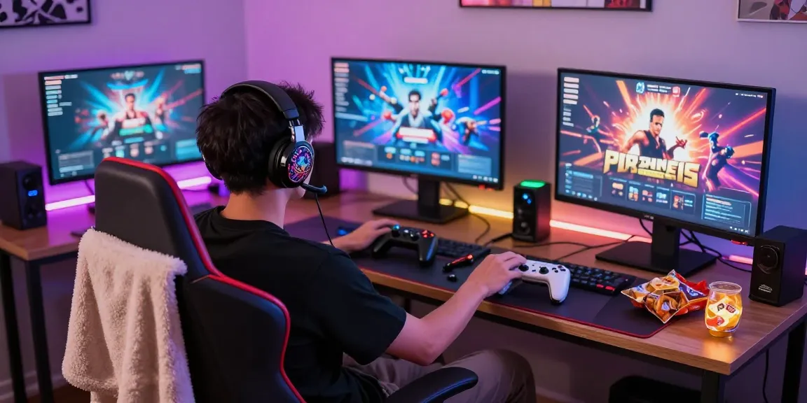 Gamer enjoying immersive porno games in a colorful, cozy setup.