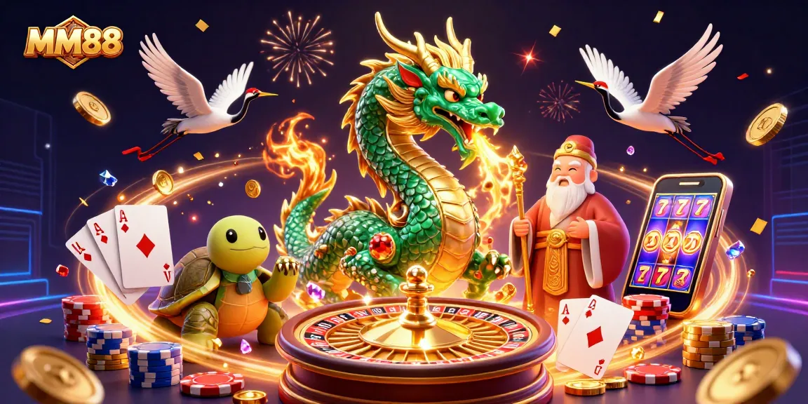 Experience the thrill of MM88 with a vibrant scene of gaming elements and mythical creatures.