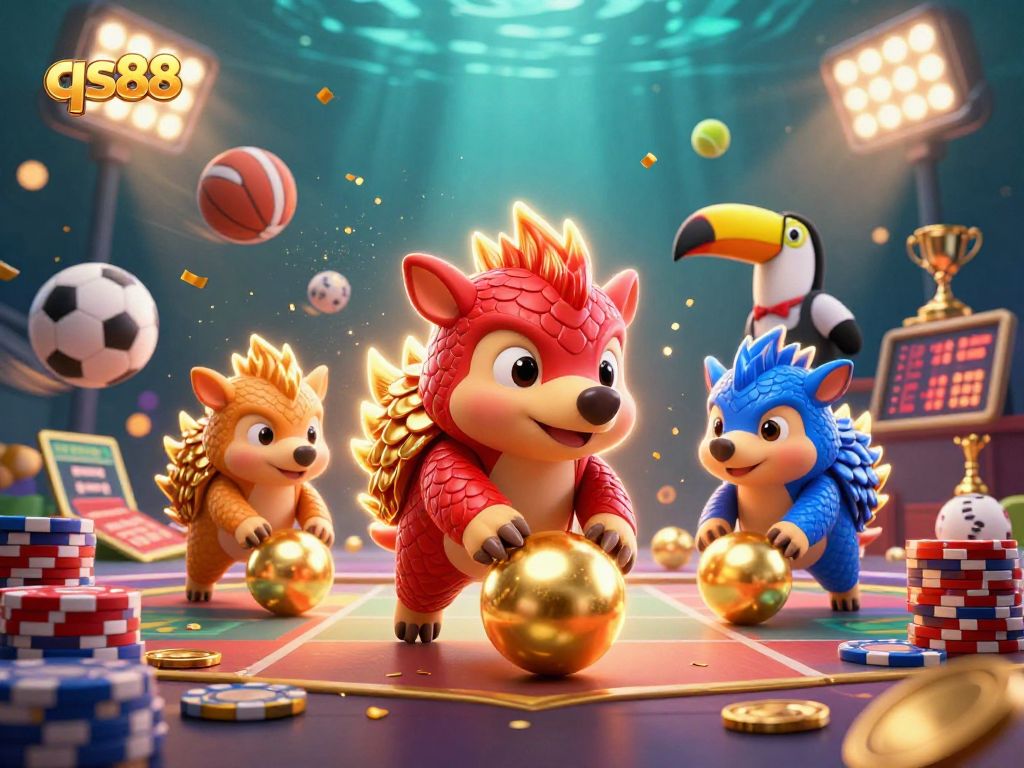 Engage in thrilling gameplay with qs88 as playful pangolins bowl through poker chips in a vibrant casino scene.