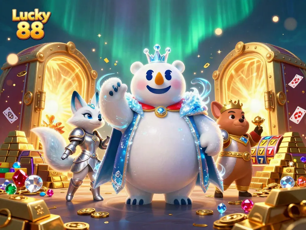 Experience thrilling wins with Lucky 88 in this vibrant casino illustration featuring jackpot reels and royal characters.