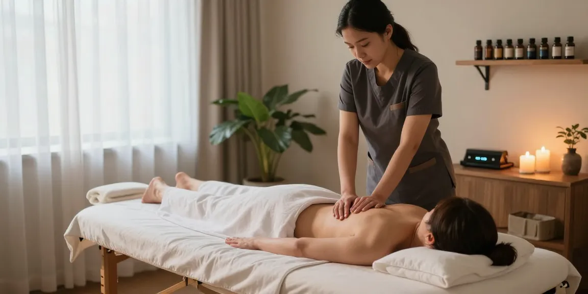안양출장안마 session in a serene therapy room with essential oils and calming atmosphere.