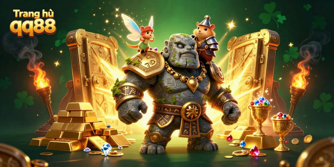 Engage with excitement on Trang chủ qq88, featuring a magical golem, fairy, and hamster knight amidst treasures.