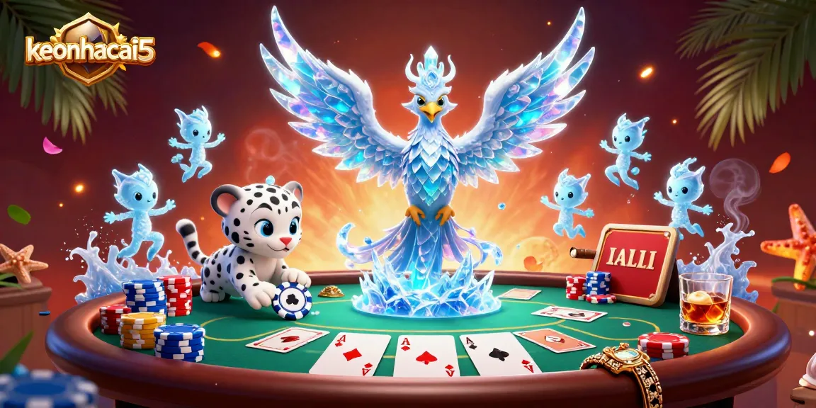 Engage with keonhacai5's thrilling poker scene featuring vibrant characters and casino elements.
