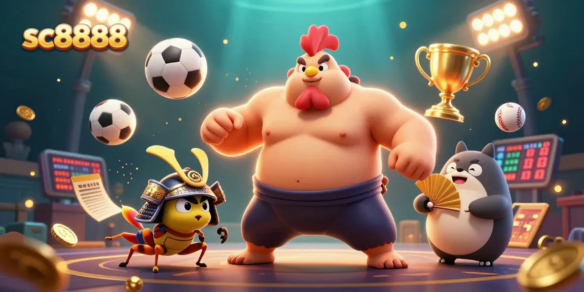 Experience the thrilling action of sc8888 where a sumo rooster stomps as a fierce cricket joins, amidst vibrant casino elements.