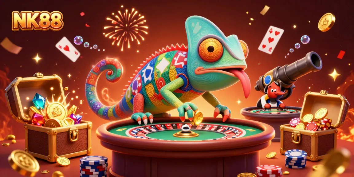 Experience NK88's vibrant casino scene with a colorful chameleon owner and dynamic game elements.