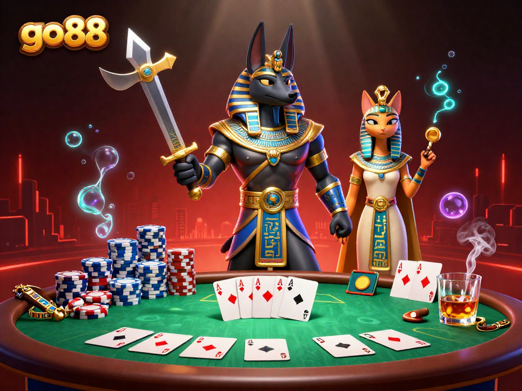 Experience high-stakes excitement with go 88 in a vibrant 3D casino scene featuring Anubis and Bastet.