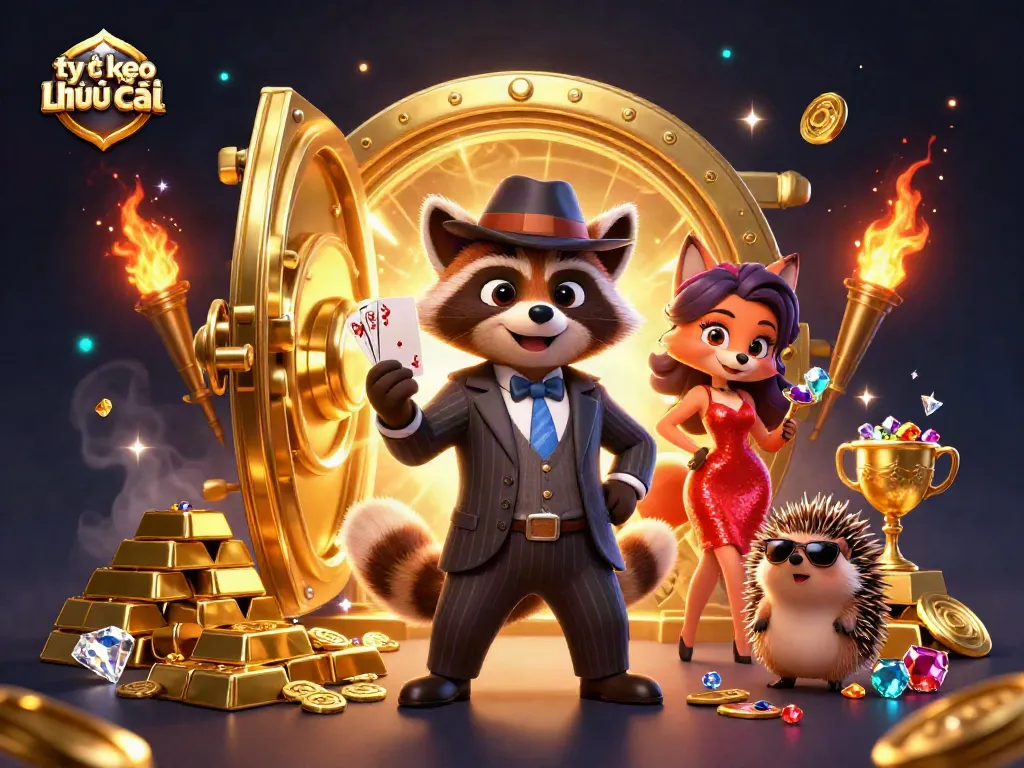 Engage with tỷ lệ kèo nhà cái by witnessing a raccoon in a suit holding a royal flush amidst dazzling treasures.