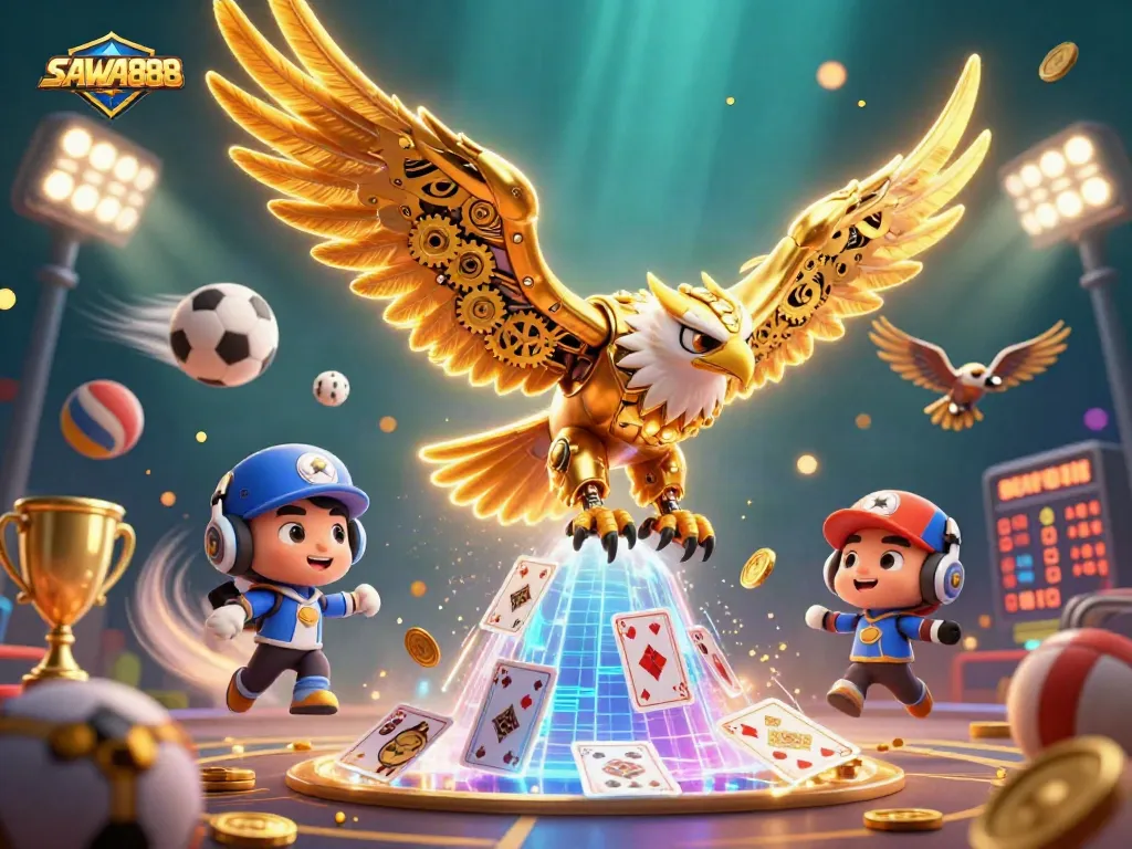 Experience thrilling action with SAWA888 as the cybernetic eagle dives through dynamic sports elements.