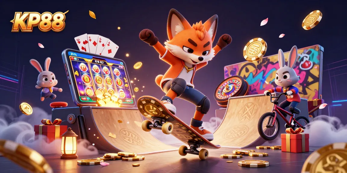 Experience the thrill of KP88 with a playful 3D illustration of a fox and rabbit in a vibrant casino setting.