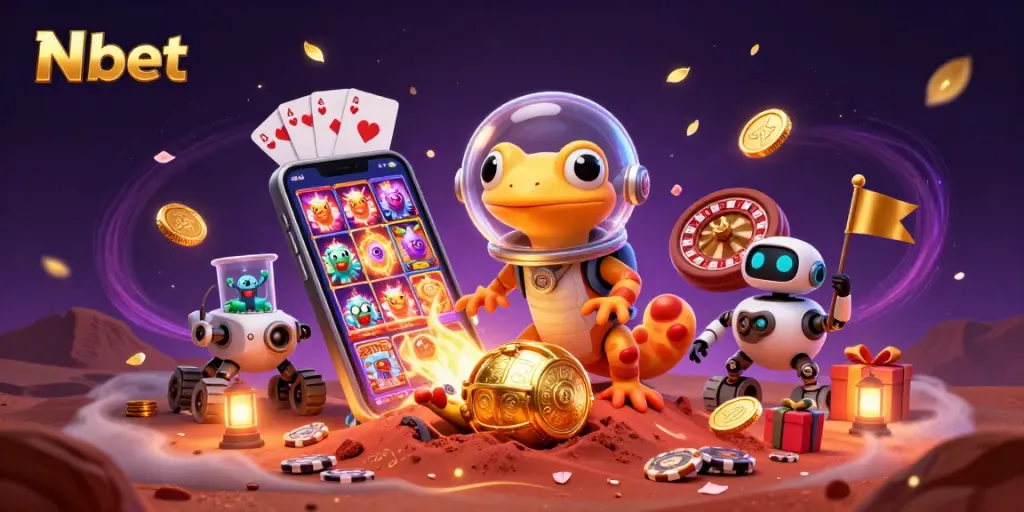 N bet brings excitement as a Martian gecko uncovers gold at a casino while celebrating with cheerful alien bacteria.
