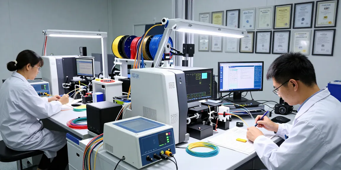 Fiber optic assembly in a high-tech lab showcasing precision connectivity solutions for optical fiber optic applications.