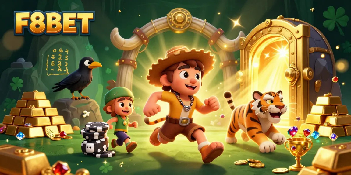 Join the fun at F8BET's thrilling prehistoric casino with a caveman, sabertooth tiger, and crow!