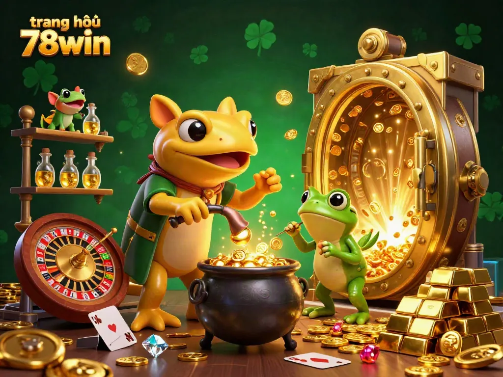 Engage with the vibrant gaming world on trang chủ 78win featuring rich 3D characters transforming metals into gold within a lively casino environment.