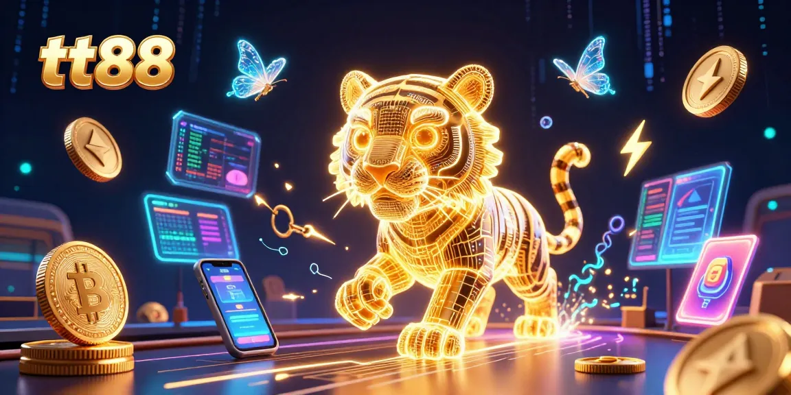 tt88 showcases a lively digital casino scene featuring a glowing tiger and crypto elements interacting.