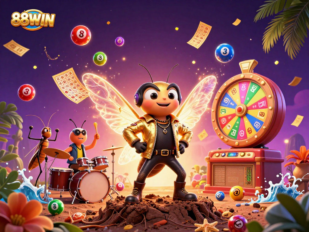88WIN engages players with a vibrant 3D illustration featuring a rock star cicada in a lively casino scene.