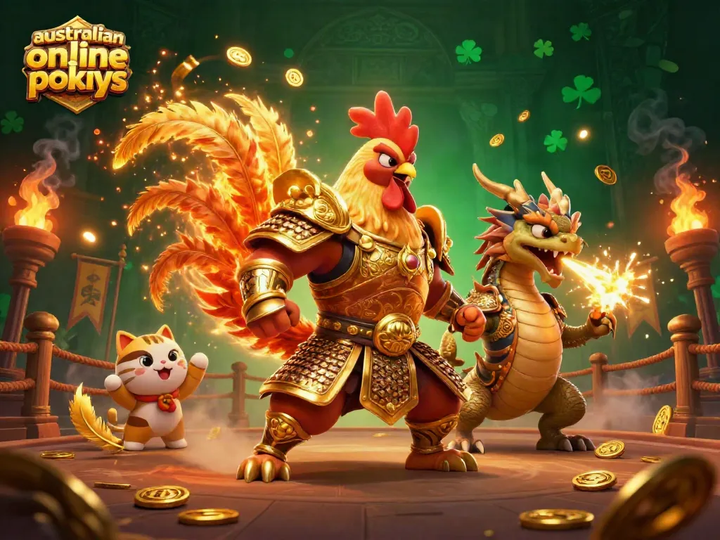 Engage with thrilling australian online pokies featuring a samurai rooster and dragon in action.