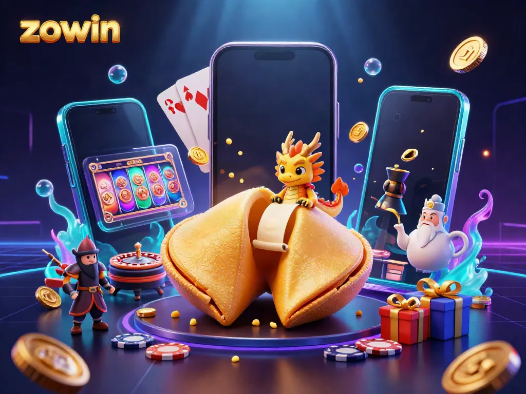 Zowin offers an exciting gambling experience with vibrant visual elements featuring a golden fortune cookie and dynamic gaming detail.