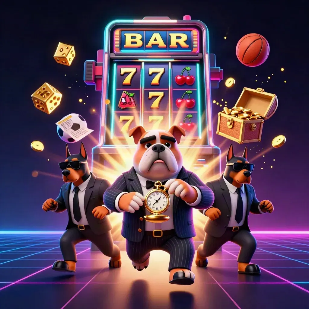 Bulldog boss and Dobermans amid exploding slots, sports balls, gold dice, and neon casino glow.
