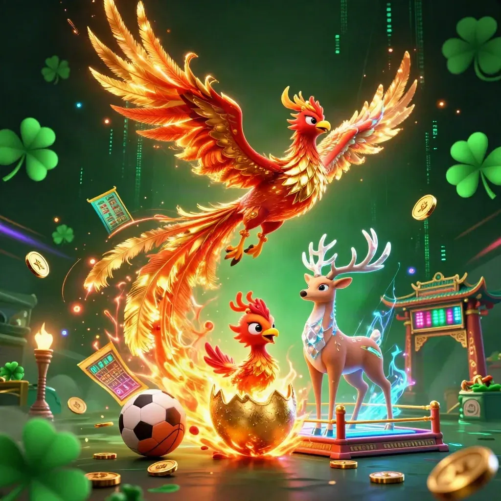 Phoenix, stag, and hatchling amid gold coins, neon bolts, sports gear, and casino fantasy energy.