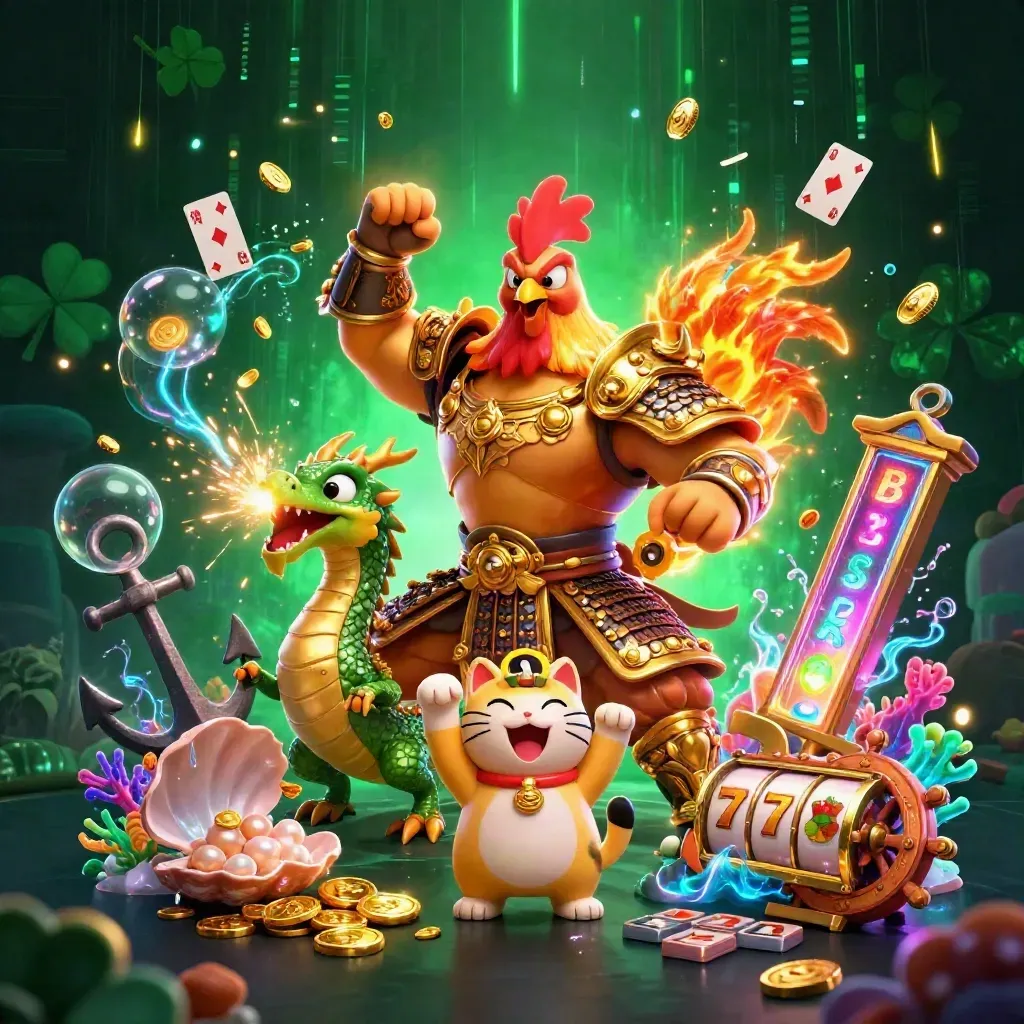 Rooster warrior, dragon hatchling and fortune-cat amid neon underwater treasure and slot symbols.