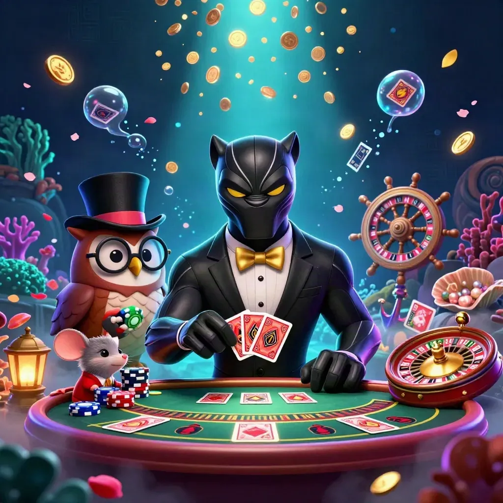 Panther, owl, and mouse in a neon casino fantasy with treasure cove, cards, smoke, and gold light.
