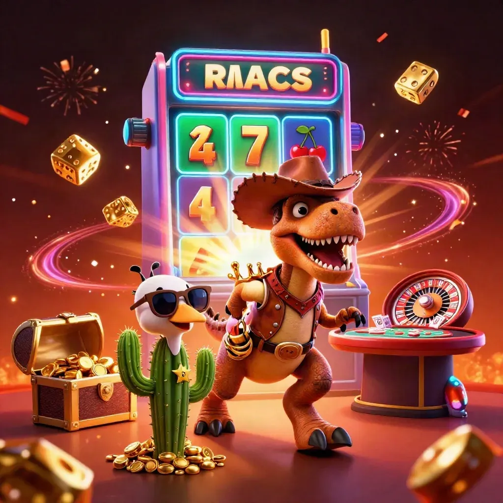 Cowboy T-Rex, cactus, and roadrunner amid a bursting neon slot machine and casino props.