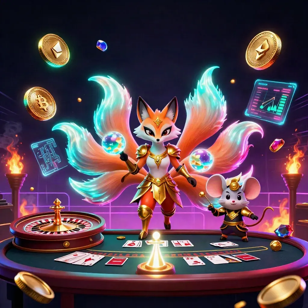 Neon fox spirit and armored mouse amid casino coins, roulette blur, glowing crypto effects
