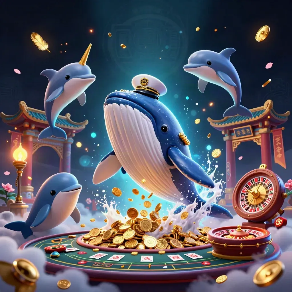 Whale captain, narwhal, and dolphins amid coins in a neon casino temple scene.