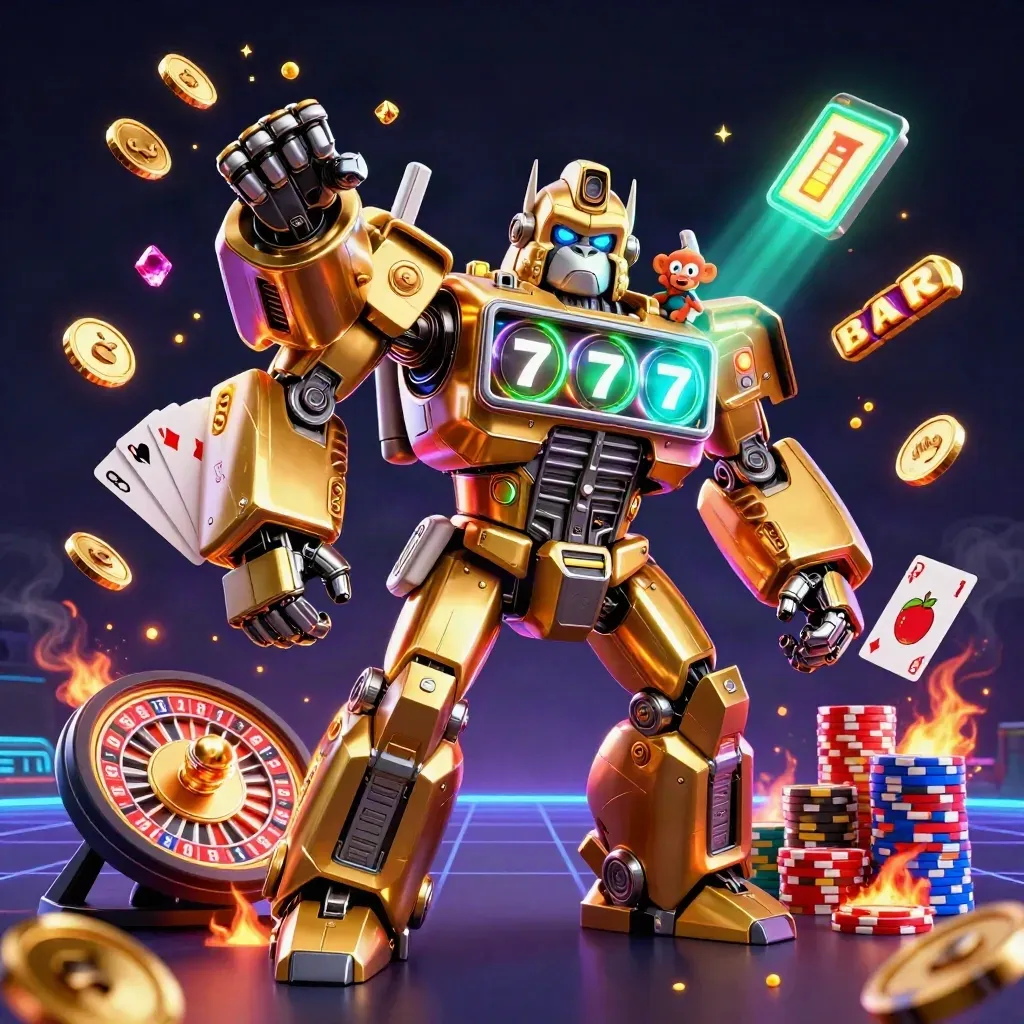 Golden gorilla mech with monkey pilot, coins, gems, roulette wheel, chips, and neon casino effects