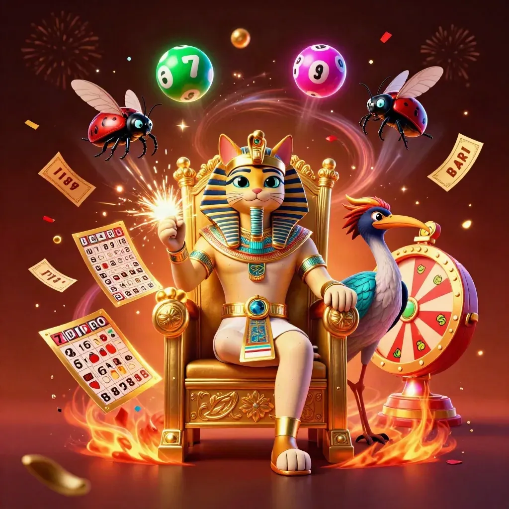 Pharaoh cat, ibis scribe, and jeweled scarabs amid casino burst effects