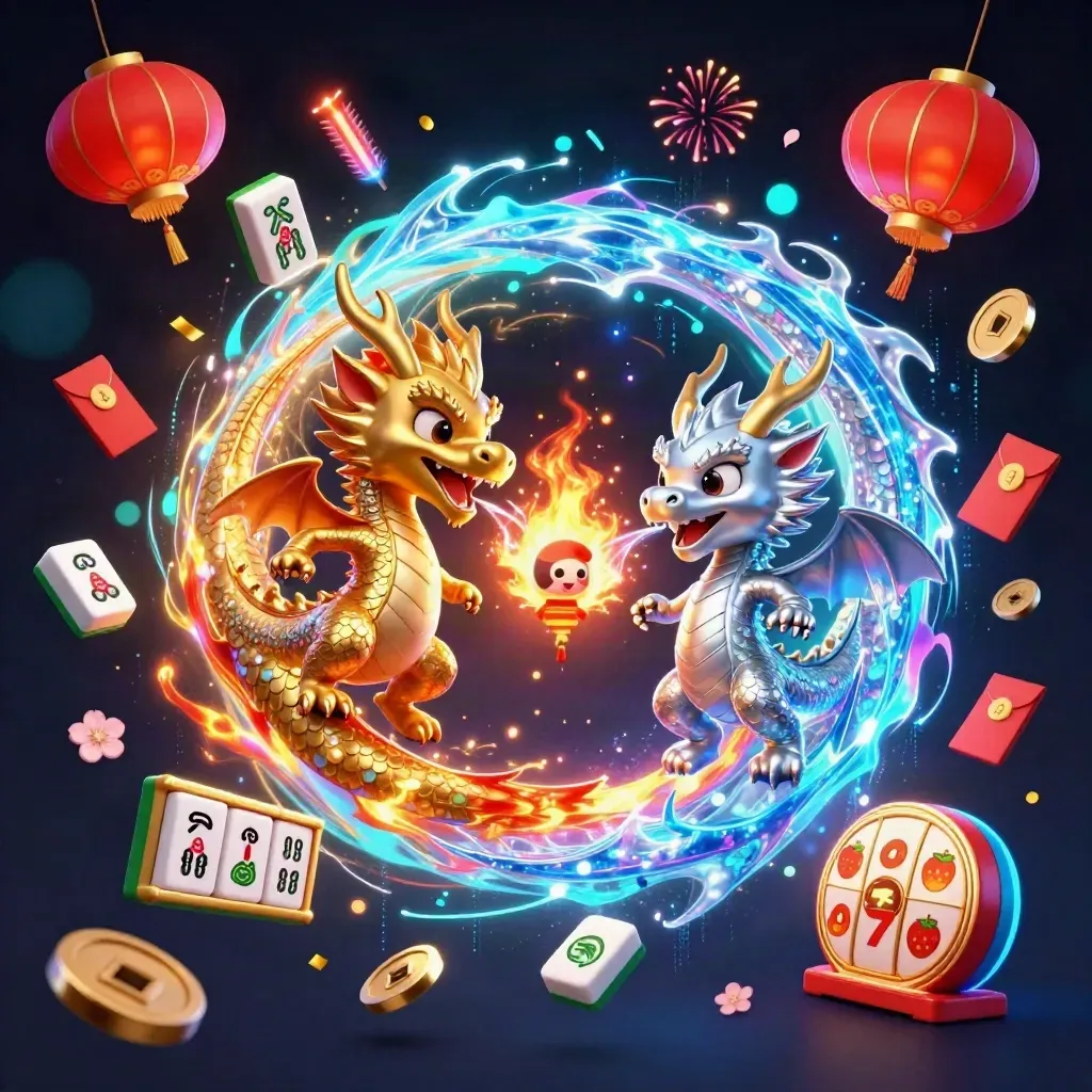 Twin gold and silver dragons swirl with fire and ice amid neon casino treasures.