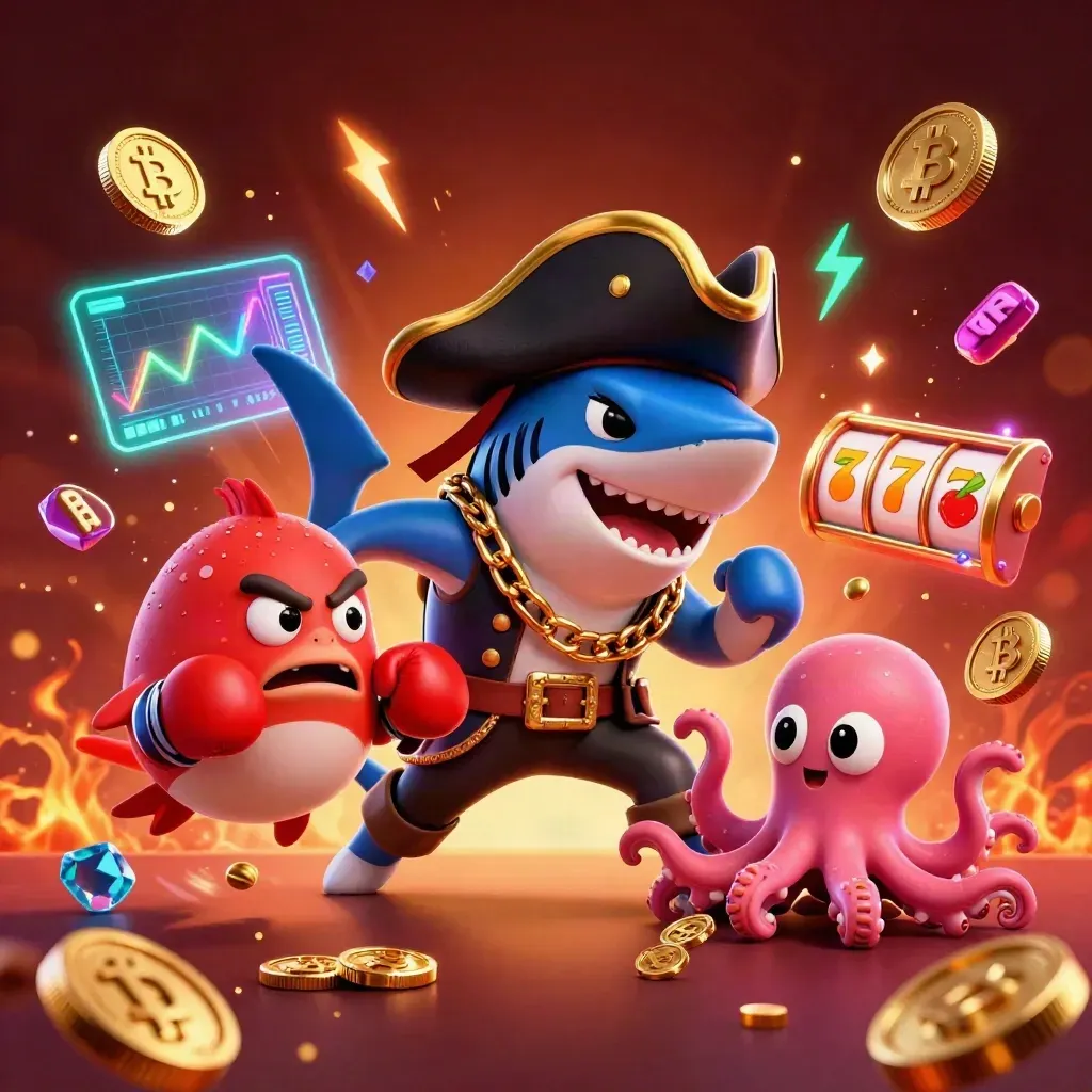 Pirate shark, boxing pufferfish, and juggling octopus amid gold, coins, and neon effects.