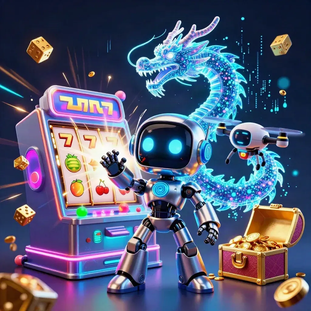 Cyberpunk robot, holographic dragon, and coin drone amid exploding slot machine gold and neon energy