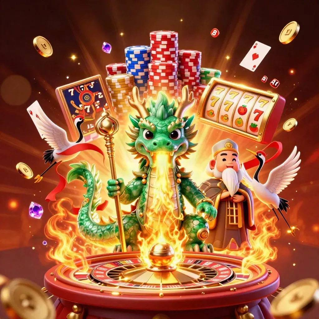 Emerald dragon, turtle sage, cranes, coins, cards, roulette, chips, and fire in a casino burst.