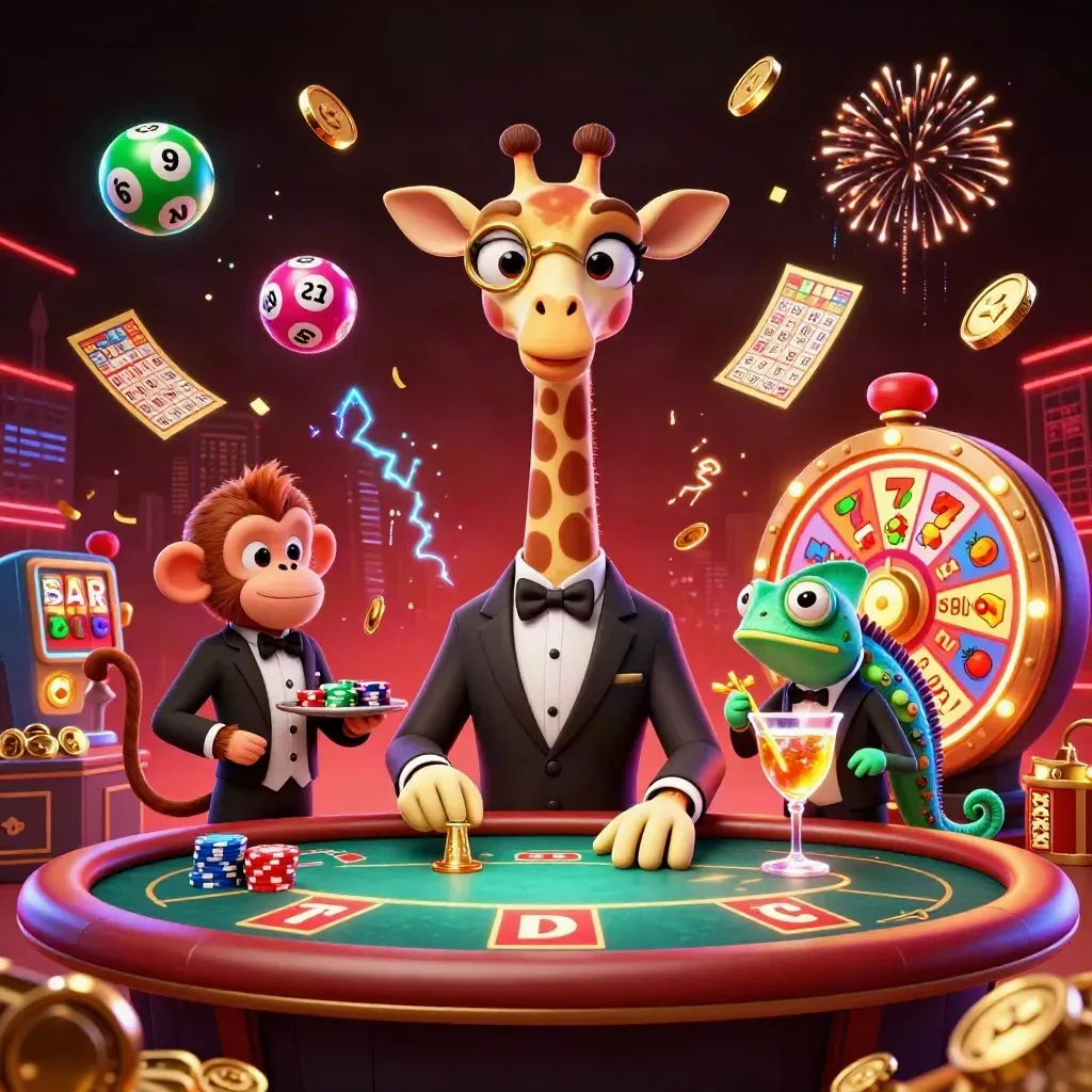 Giraffe high roller, monkey valet, and chameleon bartender amid neon coins, wheels, and fireworks.