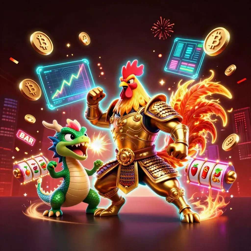 Rooster warrior, dragon hatchling, and fortune cat with neon coins and casino effects