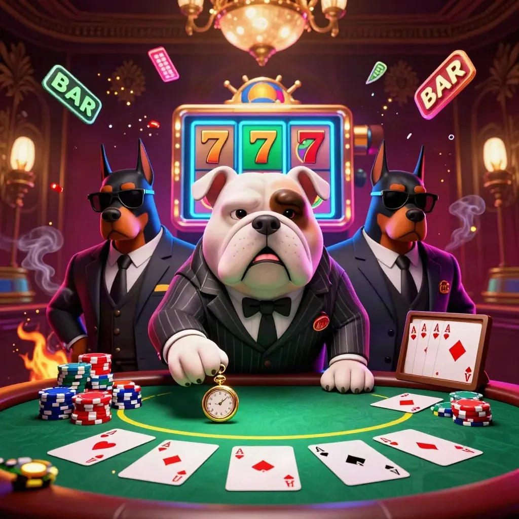 Bulldog mob boss and Dobermans amid chips, cards, reels, and neon casino glow.