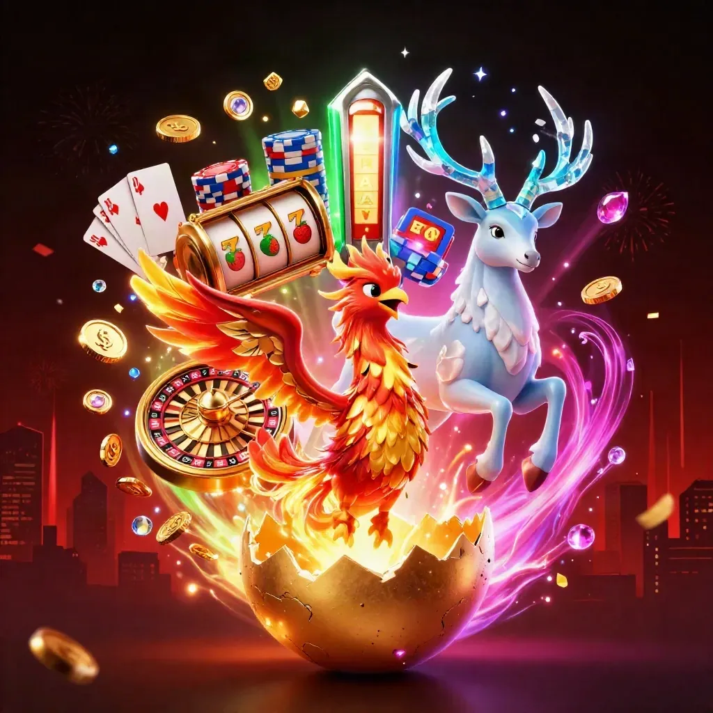 Phoenix trio with casino coins, reels, cards, chips, sparks, and a glowing dark-red skyline.