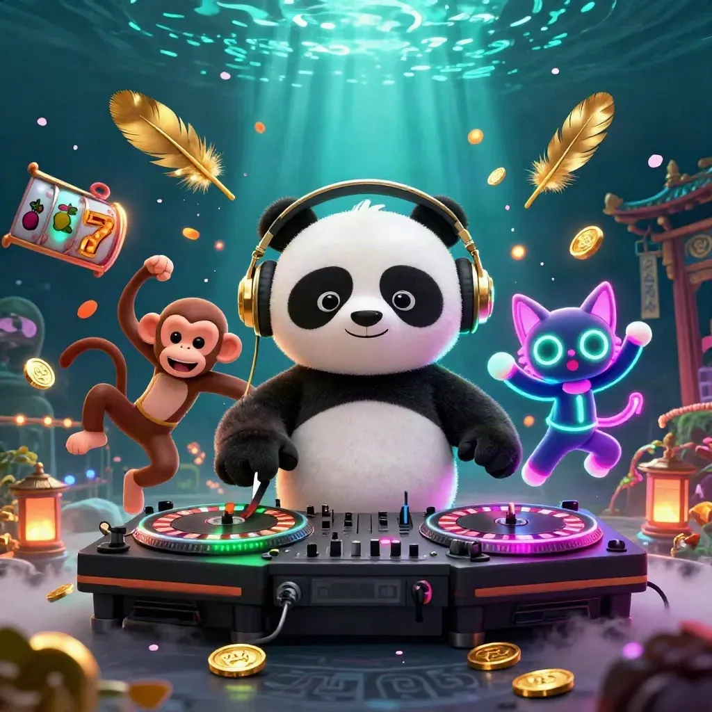 Panda DJ, breakdancing monkey, and glow-stick kitten in a neon casino temple scene