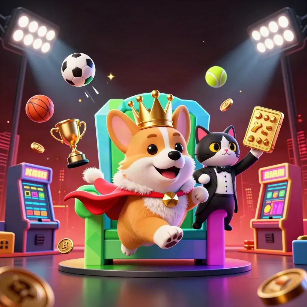 Royal corgi and cat butler amid chips, gold trophy, sports balls, neon sparks, and slot symbols.