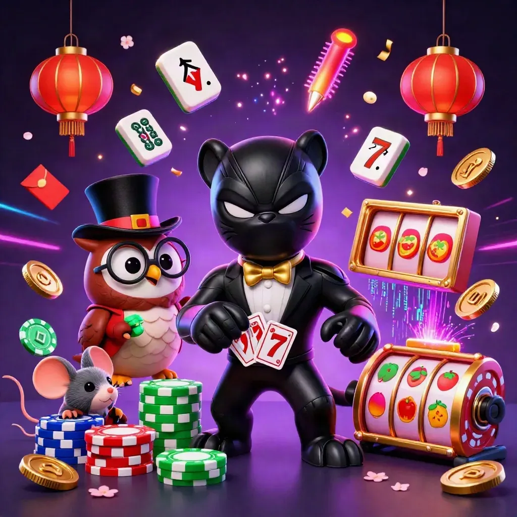 Panther, owl, and mouse amid neon casino charms, chips, lanterns, and glowing slot symbols.