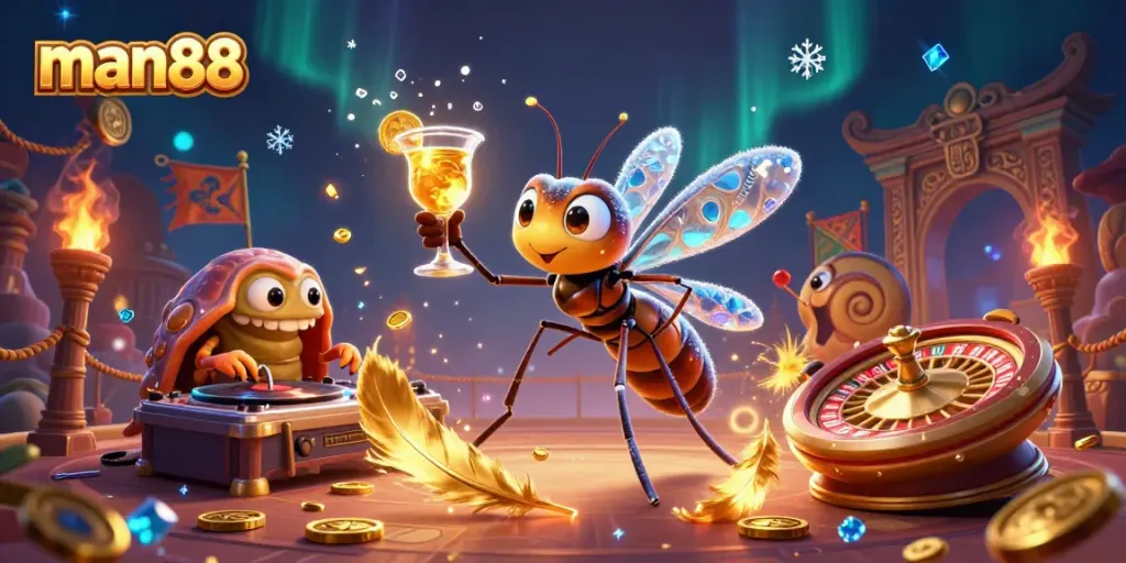 Experience the excitement of man88 with a lively casino scene featuring animated characters and gaming elements.