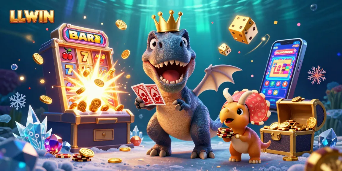 Join the fun at LLWIN with cartoon dinosaurs playing cards and stacking chips in an exciting casino scene.