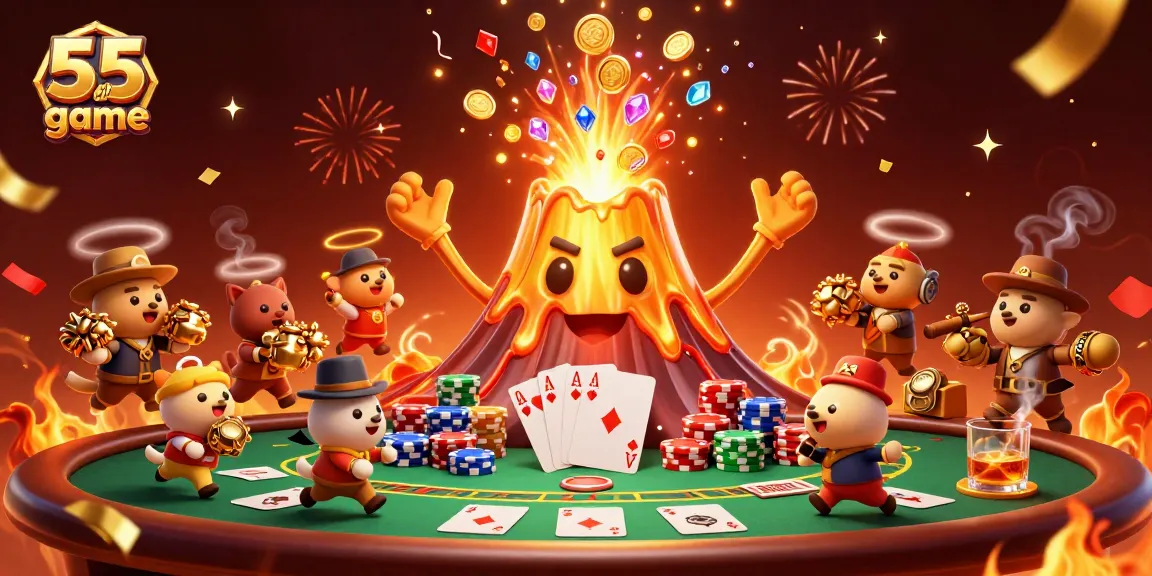 Experience the excitement of the 55 club game with golden eruptions and treasure in this vibrant scene.