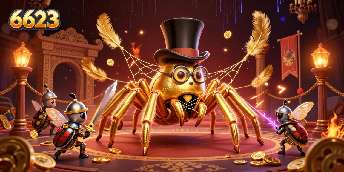 Engage with 6623's vibrant casino scene featuring a golden tarantula and knight in action.