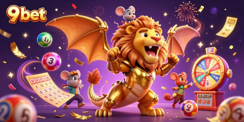 Engage with action-packed gaming at 9 bet with an animated chimera in golden armor and festive game elements.
