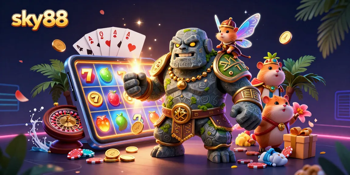 Experience vibrant gaming excitement with sky88 in this lush 3D casino illustration.